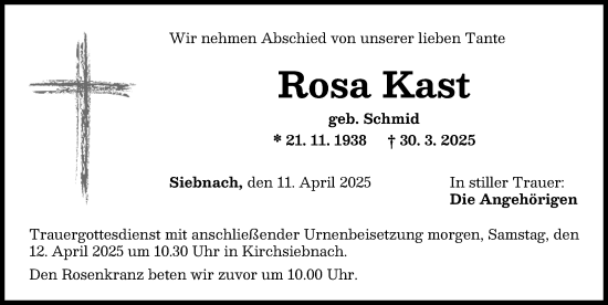 Traueranzeige von Rosa Kast von Mindelheimer Zeitung