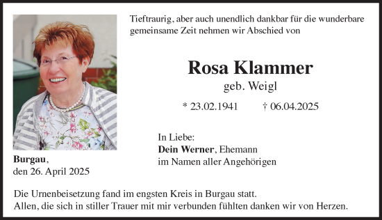 Traueranzeige von Rosa Klammer von Günzburger Zeitung
