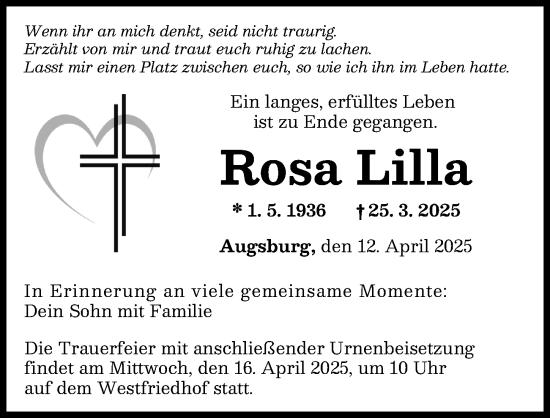 Traueranzeige von Rosa Lilla von Augsburger Allgemeine