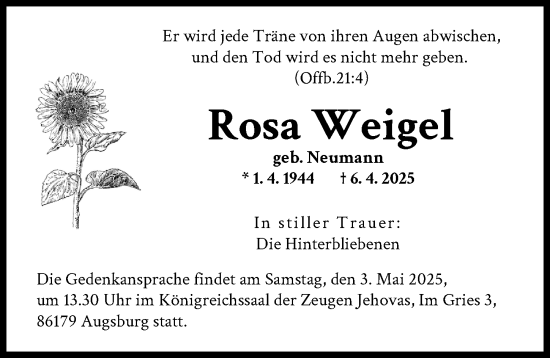 Traueranzeige von Rosa Weigel von Augsburger Allgemeine