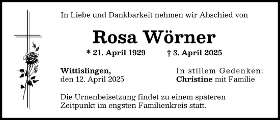 Traueranzeige von Rosa Wörner von Donau Zeitung