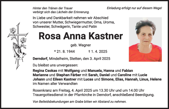 Traueranzeige von Rosa Anna Kastner von Mindelheimer Zeitung