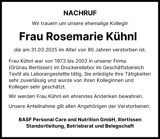 Traueranzeige von Rosemarie Kühnl von Illertisser Zeitung
