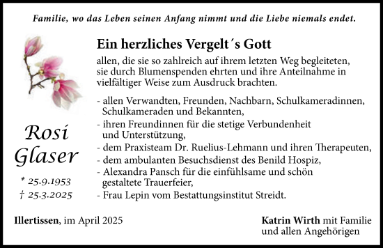 Traueranzeige von Rosi Glaser von Illertisser Zeitung