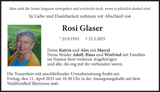 Traueranzeige von Rosi Glaser von Illertisser Zeitung
