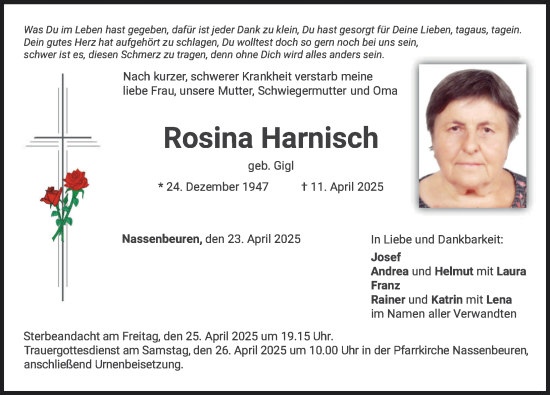 Traueranzeige von Rosina Harnisch von Mindelheimer Zeitung