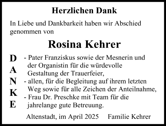 Traueranzeige von Rosina Kehrer von Illertisser Zeitung