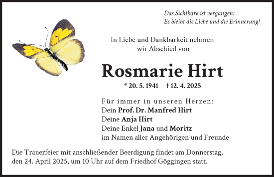 Traueranzeige von Rosmarie Hirt von Schwabmünchner Allgemeine