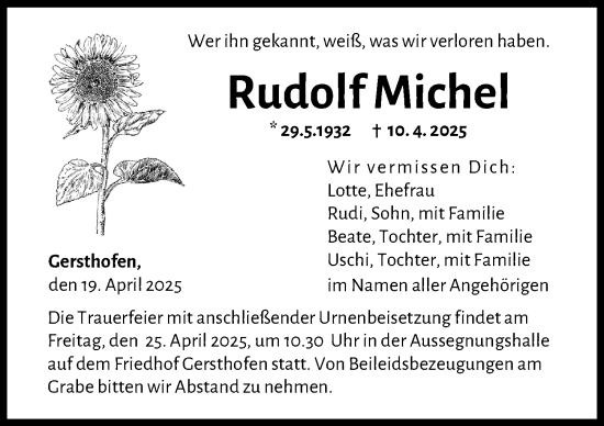Traueranzeige von Rudolf Michel von Augsburger Allgemeine