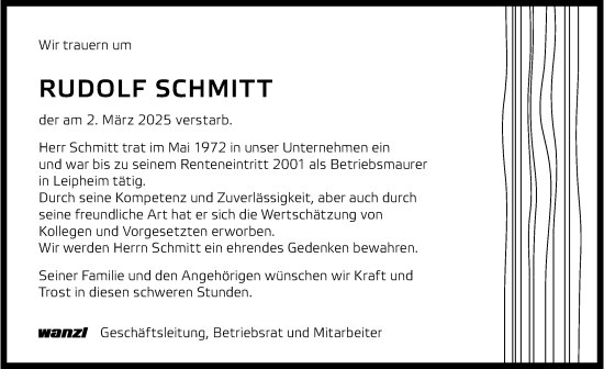 Traueranzeige von Rudolf Schmitt von Günzburger Zeitung
