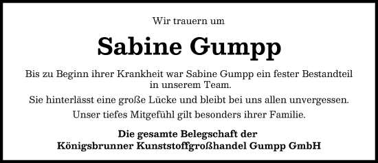Traueranzeige von Sabine Gumpp von Augsburger Allgemeine