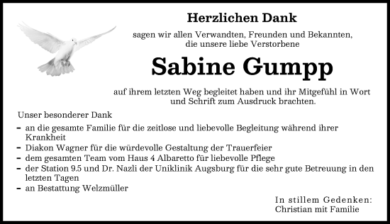 Traueranzeige von Sabine Gumpp von Augsburger Allgemeine