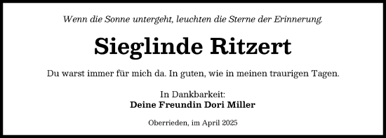 Traueranzeige von Sieglinde Ritzert von Mindelheimer Zeitung