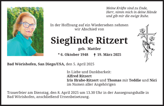Traueranzeige von Sieglinde Ritzert von Mindelheimer Zeitung