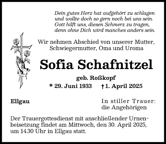 Traueranzeige von Sofia Schafnitzel von Augsburg-Land