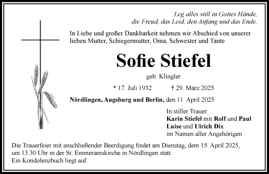 Traueranzeige von Sofie Stiefel von Rieser Nachrichten