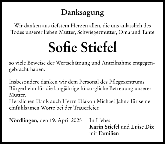Traueranzeige von Sofie Stiefel von Rieser Nachrichten