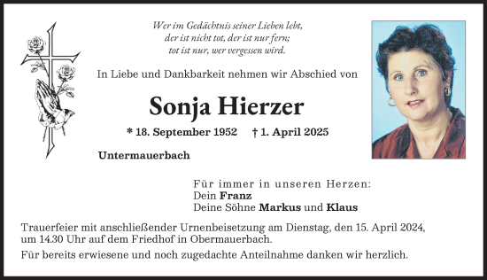 Traueranzeige von Sonja Hierzer von Aichacher Nachrichten