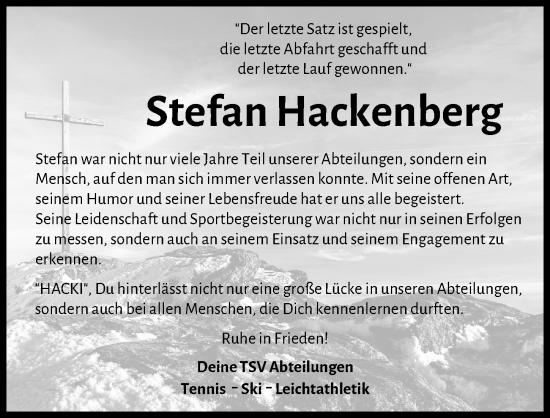 Traueranzeige von Stefan Hackenberg von Günzburger Zeitung