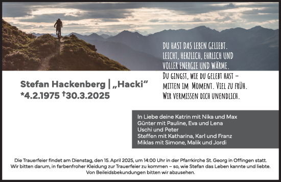 Traueranzeige von Stefan Hackenberg von Augsburg-Land, Günzburger Zeitung