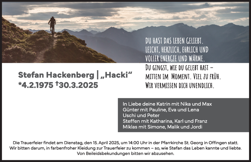  Traueranzeige für Stefan Hackenberg vom 09.04.2025 aus Augsburg-Land, Günzburger Zeitung