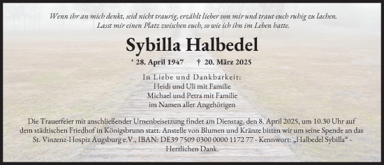 Traueranzeige von Sybilla Halbedel von Augsburger Allgemeine