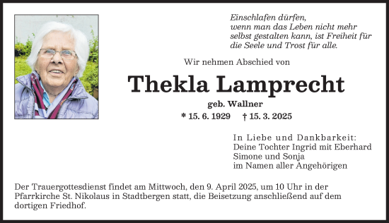 Traueranzeige von Thekla Lamprecht von Landsberger Tagblatt, Augsburger Allgemeine
