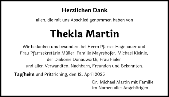 Traueranzeige von Thekla Martin von Donau Zeitung, Donauwörther Zeitung