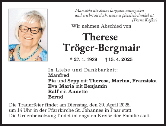 Traueranzeige von Therese Tröger-Bergmair von Friedberger Allgemeine