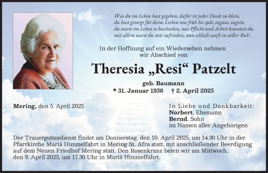 Traueranzeige von Theresia Patzelt von Friedberger Allgemeine