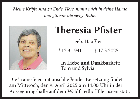 Traueranzeige von Theresia Pfister von Neu-Ulmer Zeitung