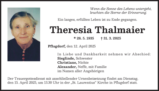 Traueranzeige von Theresia Thalmaier von Landsberger Tagblatt