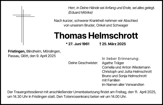 Traueranzeige von Thomas Helmschrott von Donau Zeitung