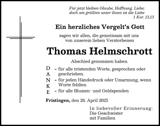 Traueranzeige von Thomas Helmschrott von Donau Zeitung