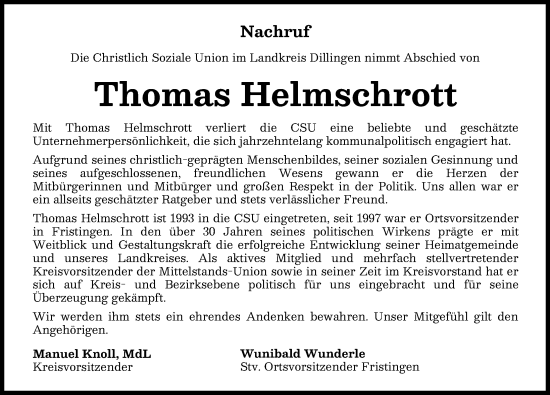 Traueranzeige von Thomas Helmschrott von Donau Zeitung