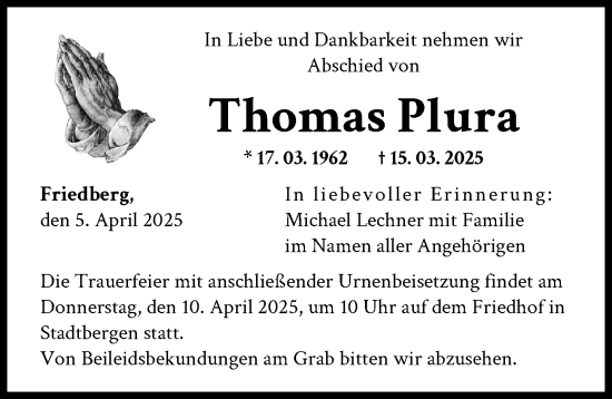 Traueranzeige von Thomas Plura von Augsburger Allgemeine
