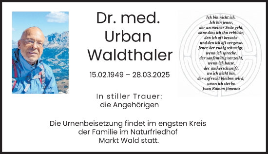 Traueranzeige von Urban Waldthaler von Augsburger Allgemeine