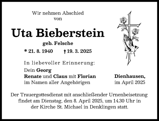 Traueranzeige von Uta Bieberstein von Landsberger Tagblatt