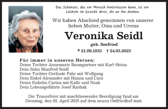 Traueranzeige von Veronika Seidl von Augsburger Allgemeine