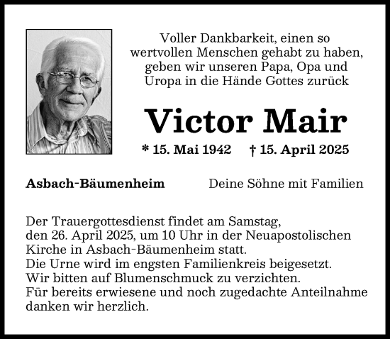 Traueranzeige von Victor Mair von Donauwörther Zeitung