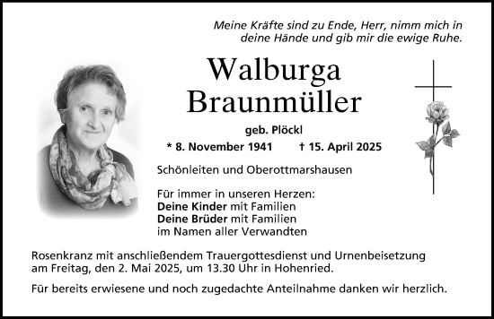 Traueranzeige von Walburga Braunmüller von Aichacher Nachrichten
