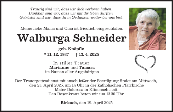Traueranzeige von Walburga Schneider von Schwabmünchner Allgemeine