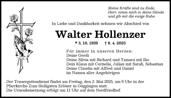 Traueranzeige von Walter Hollenzer von Augsburger Allgemeine