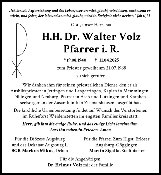 Traueranzeige von Walter Volz von Augsburger Allgemeine
