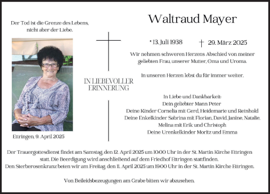 Traueranzeige von Waltraud Mayer von Mindelheimer Zeitung