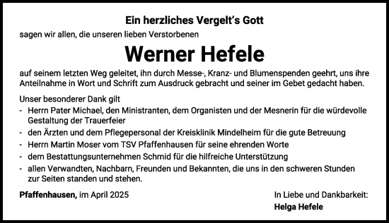 Traueranzeige von Werner Hefele von Mindelheimer Zeitung