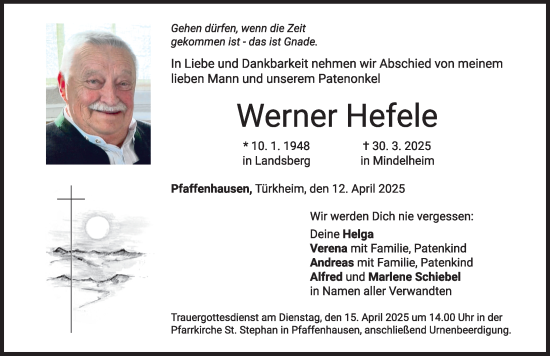 Traueranzeige von Werner Hefele von Mindelheimer Zeitung
