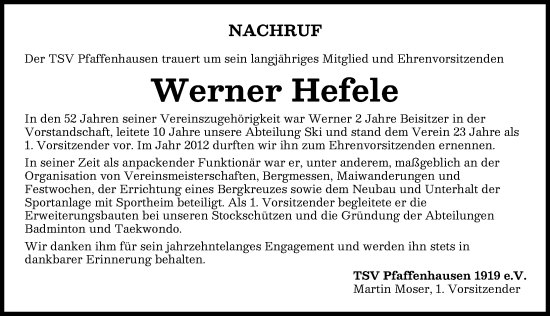 Traueranzeige von Werner Hefele von Mindelheimer Zeitung