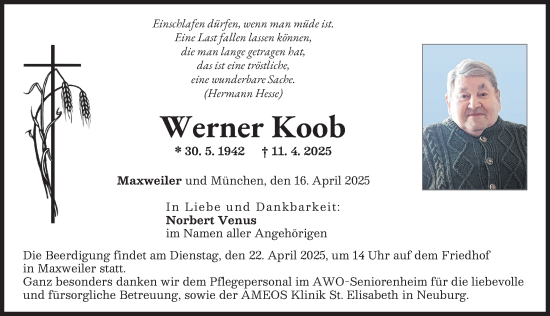 Traueranzeige von Werner Koob von Neuburger Rundschau
