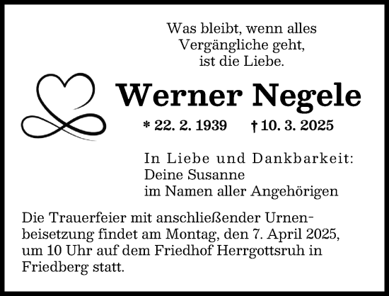 Traueranzeige von Werner Negele von Augsburger Allgemeine